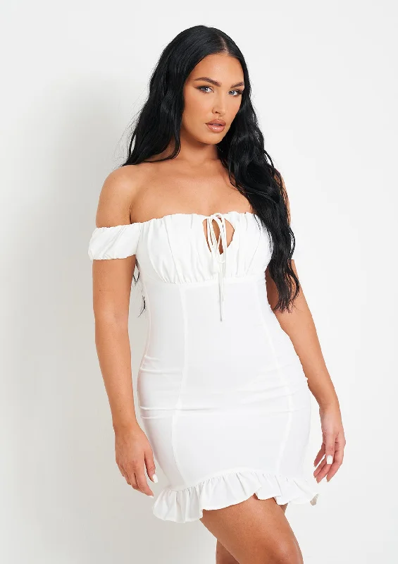 Khalani White Woven Frill Hem Mini Dress