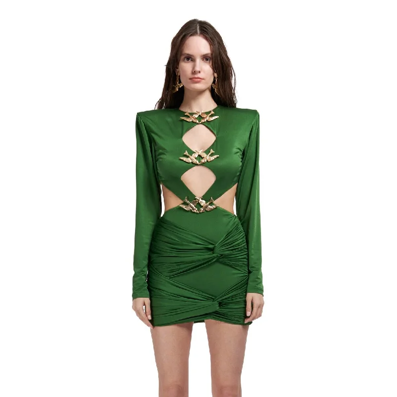 LS2233 New Style For Women Fashion Green Pleated Long Sleeve Dress Mini Sexy Hollow Out Ring Hole Evening Dresses