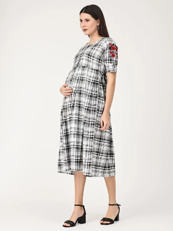 Monochrome Checkered Maternity and Nursing Dress with Embroidery