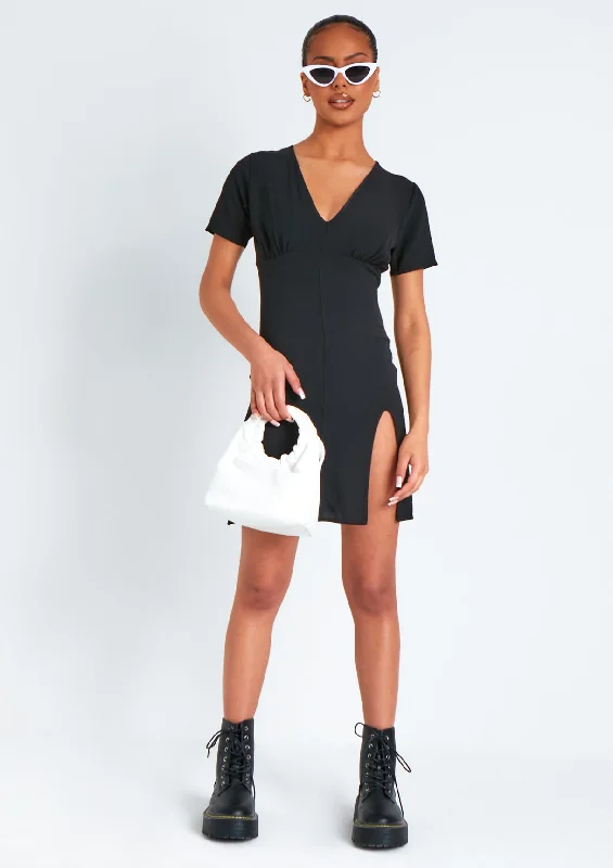 Myra Black Mini Tea Dress With Split