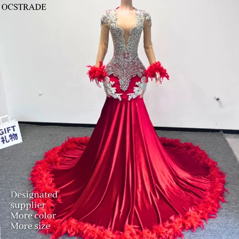 Ocstrade Custom Made Feather Sleeve Rhinestone Puffy Ball Gown Red Prom Dresses 2023 Elegant Vestido Evening Dresses Women Long