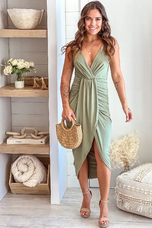 Olive Midi Dress With Criss Cross Back