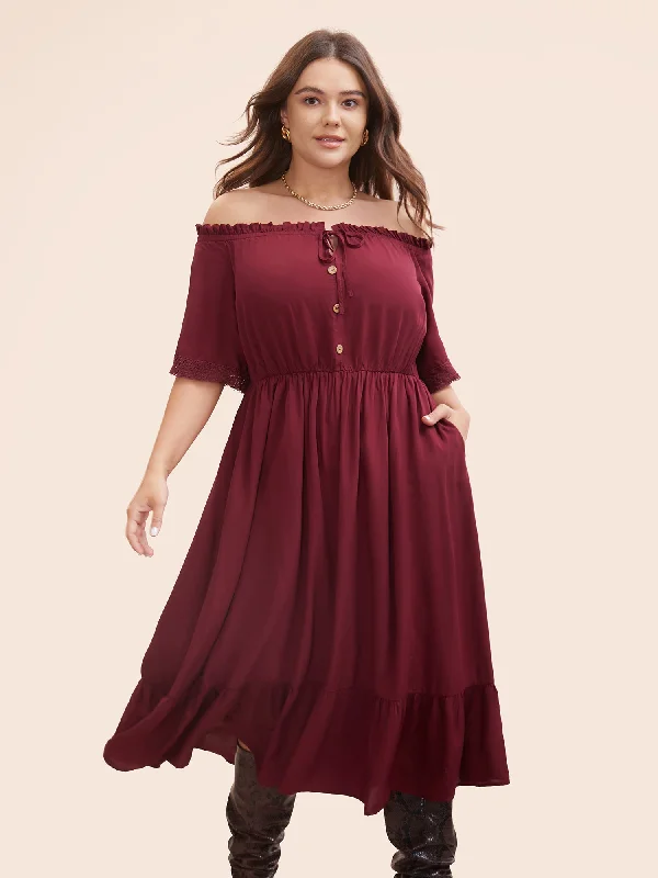 Plain Off Shoulder Lace Trim Ruffle Hem Dress