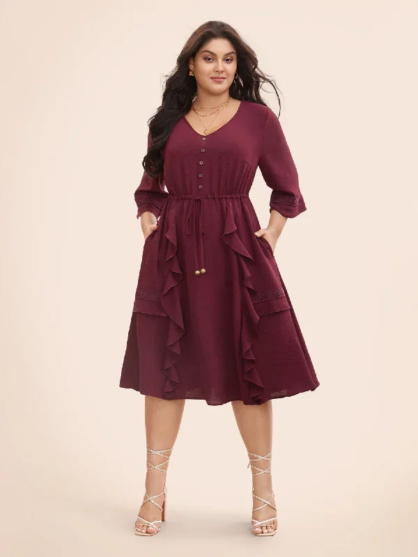 Plain Ruffle Trim Button Detail Drawstring Dress