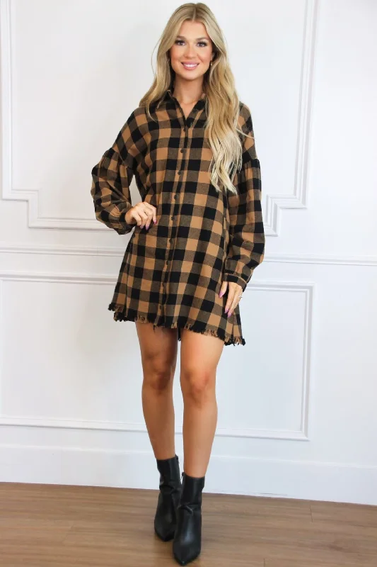 Pumpkin Patch Plaid Shirt Dress: Camel/Black