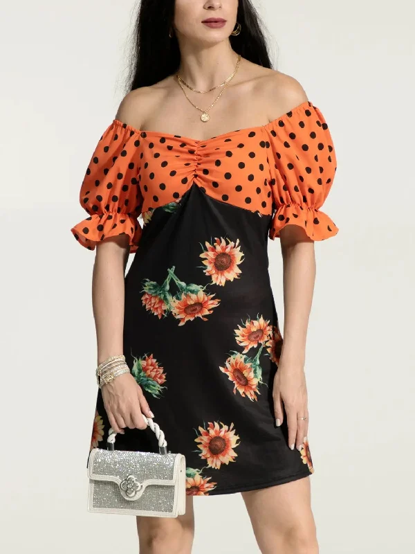 Orange Polka Dot Floral Ruched  Dress w/ Flounce Sleeve