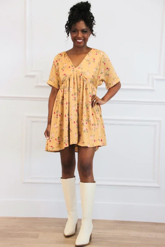 Soft Breeze Satin Floral V Neck Dress: Mustard