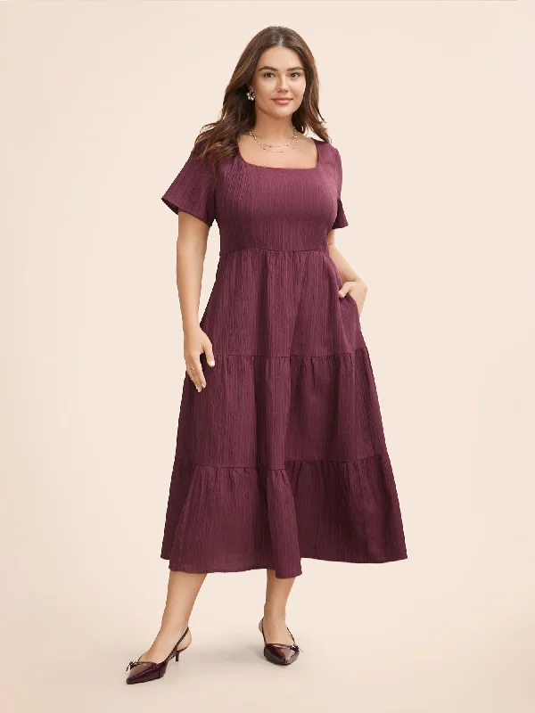 Square Neck Texture Ruffle Layered Hem Dress