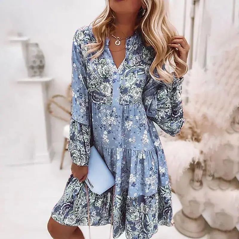 Cute Boho V Neck Floral Design Dress with Ruffles