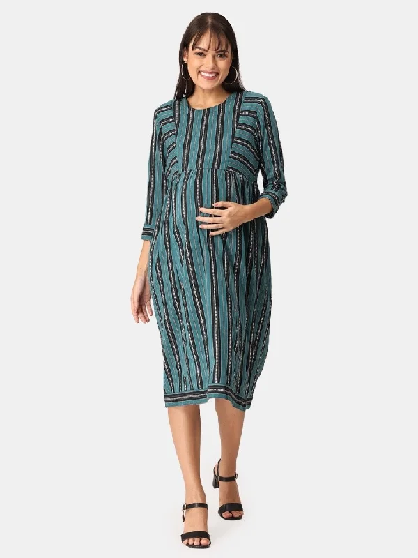 Teal and Black Stripes Cotton Maternity and Casual Dress