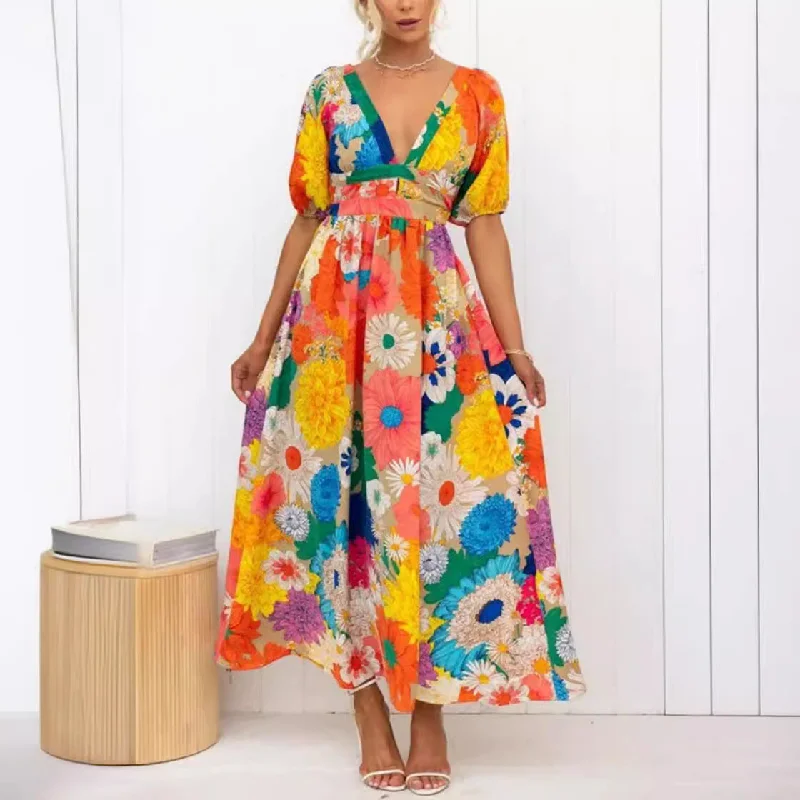 Floral Bliss V-neck Printed Dress w/ Puff Sleeve